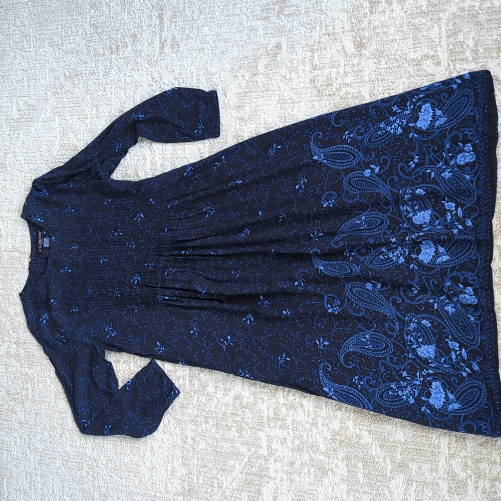 Vintage J.G. Hook Floral Paisley Pleated Long Sleeve Dress MP Blue Y2K